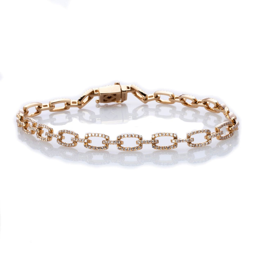 Bracelets 6" / Yellow Gold 14K Gold Flat Open Round Link Micro-Pave Diamonds