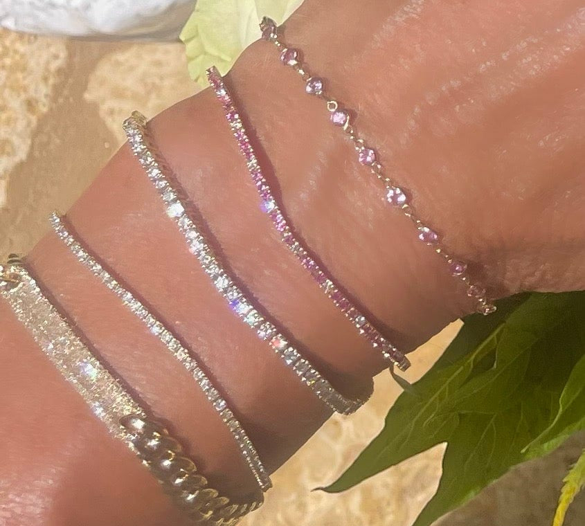 Bracelets 6" / yellow gold 14K Gold Pink Sapphire and Diamond Tennis Bracelet 4-Prong Setting