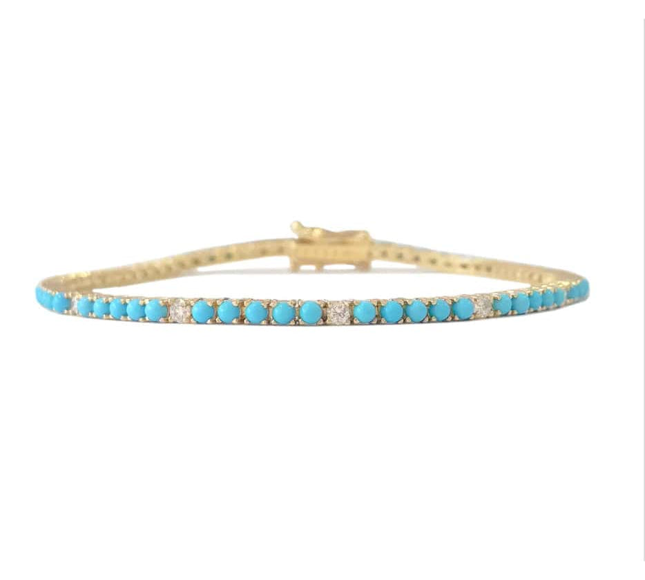 Bracelets 6" / yellow gold Mini 14K Gold Turquoise and Diamond Tennis Bracelet 4-Prong Setting