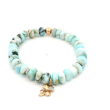 Bracelets 7" 14K Gold Beach Blue Beads And Clover Diamond Charm