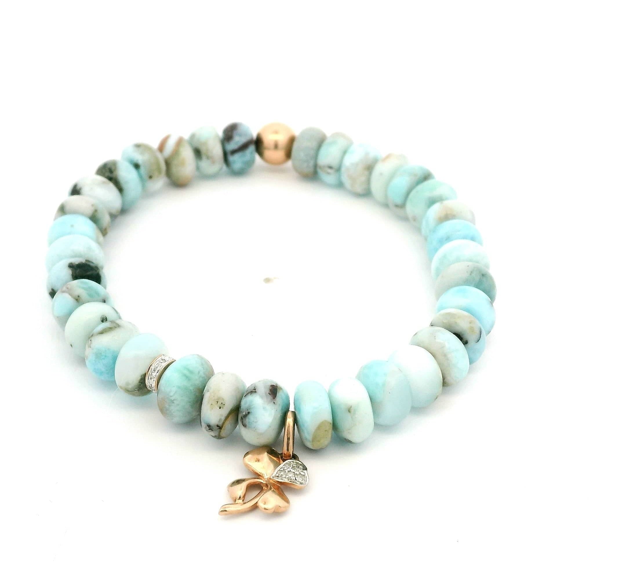 Bracelets 7" 14K Gold Beach Blue Beads And Clover Diamond Charm
