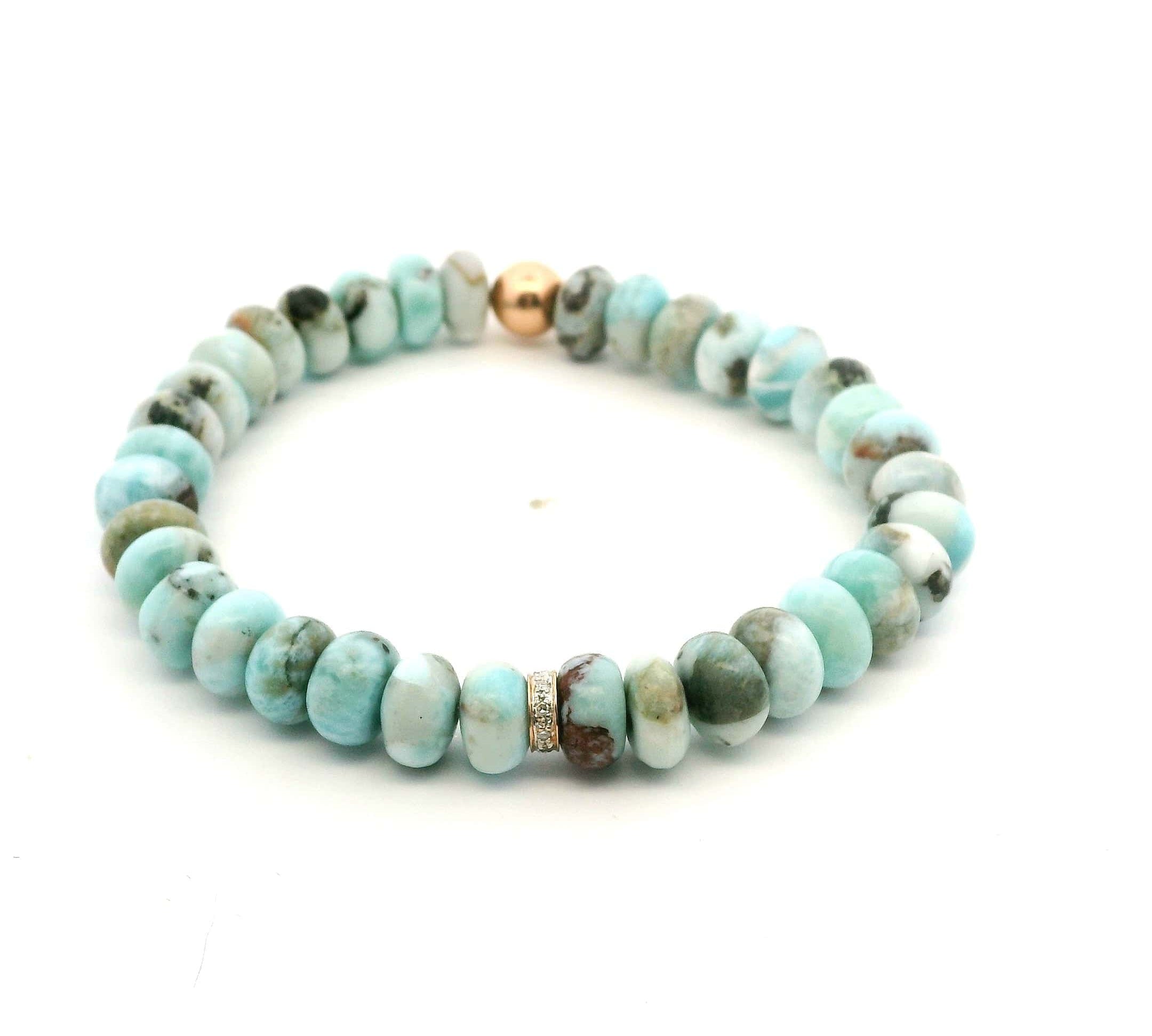 Bracelets 7" 14K Gold Beach Blue Beads And Diamond Roundel Charm