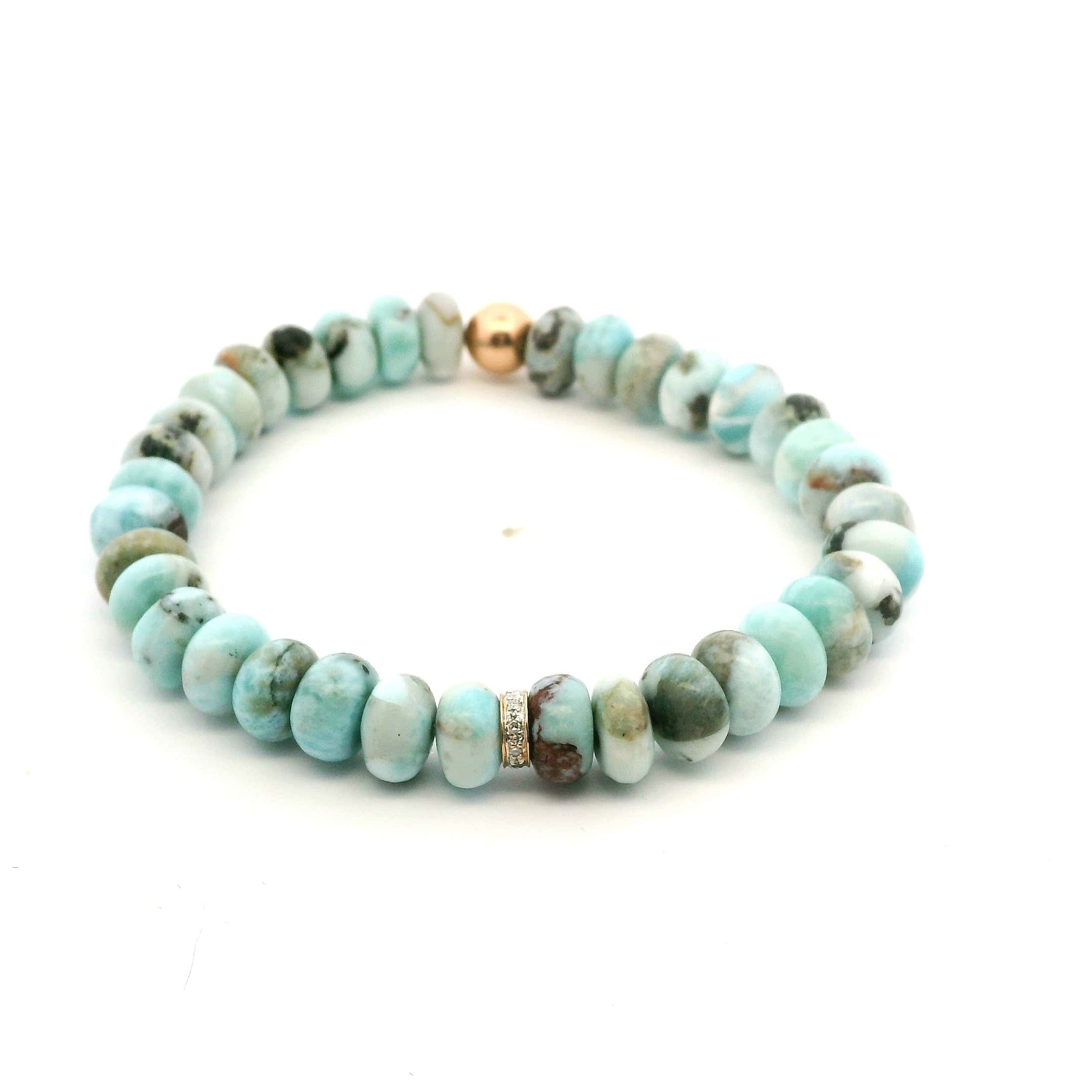 Bracelets 7" 14K Gold Beach Blue Beads And Diamond Roundel Charm