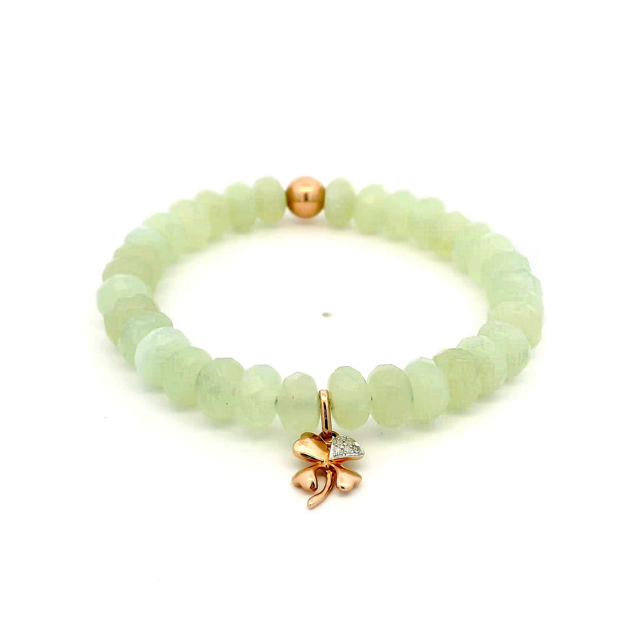 Bracelets 7" 14K Gold Beach Prehnite Beads And Clover Diamond And DIamond Roundel Charm