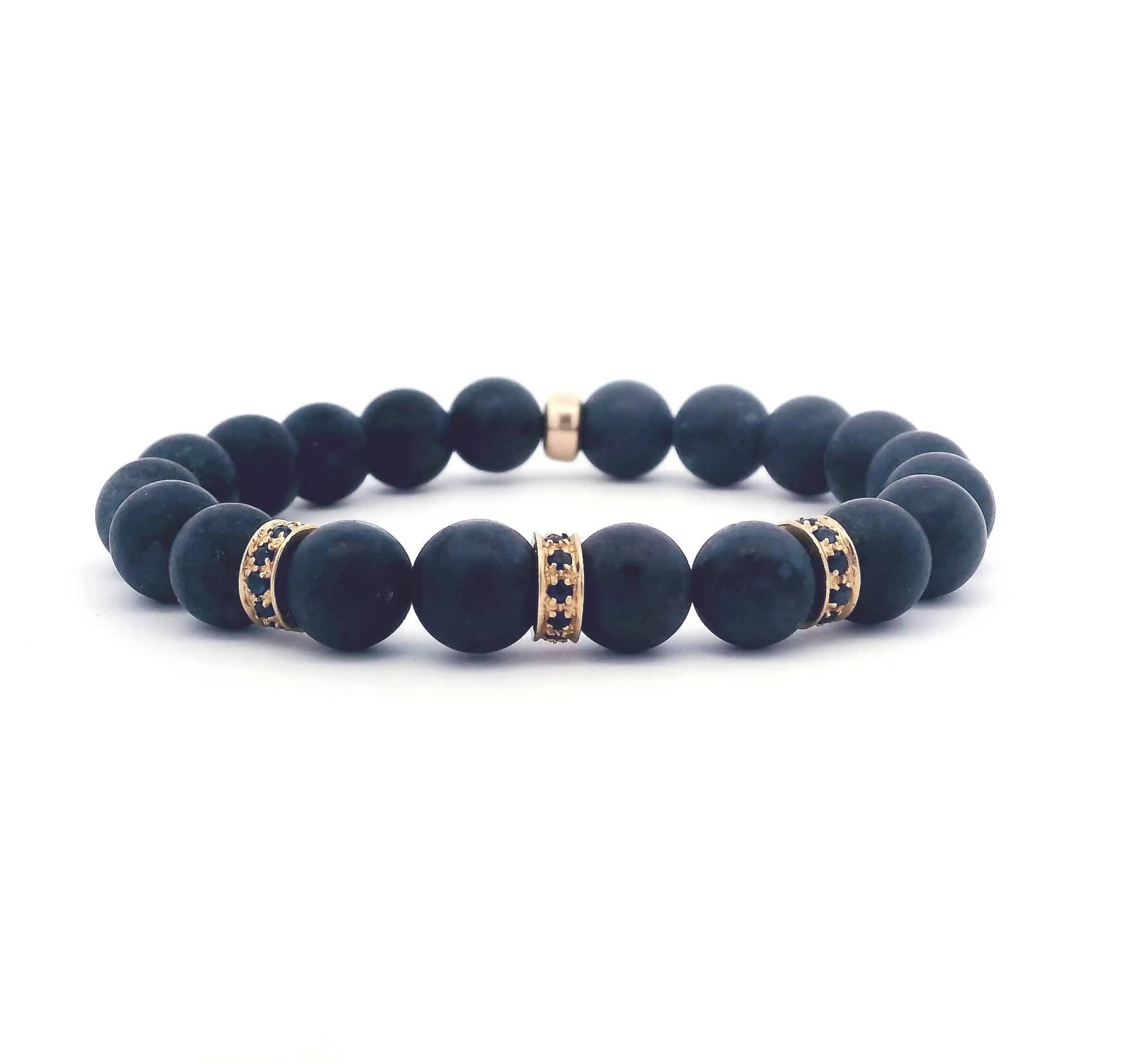 Bracelets 7" 14K Gold Navy Blue Beads And Blue Sapphire Three Roundel Charm