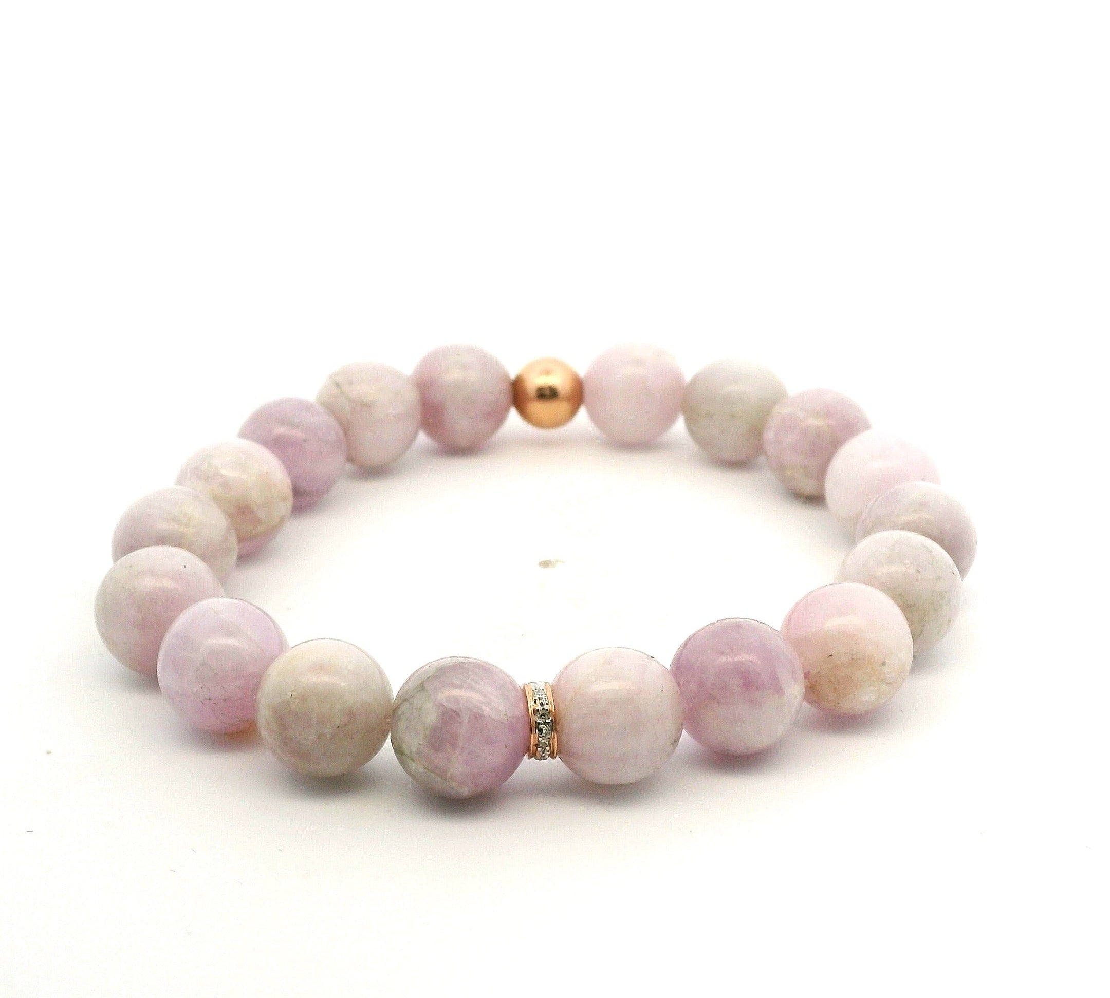 Bracelets 7" 14K Gold Pink/Lavender Beads And Diamond Roundel Charm