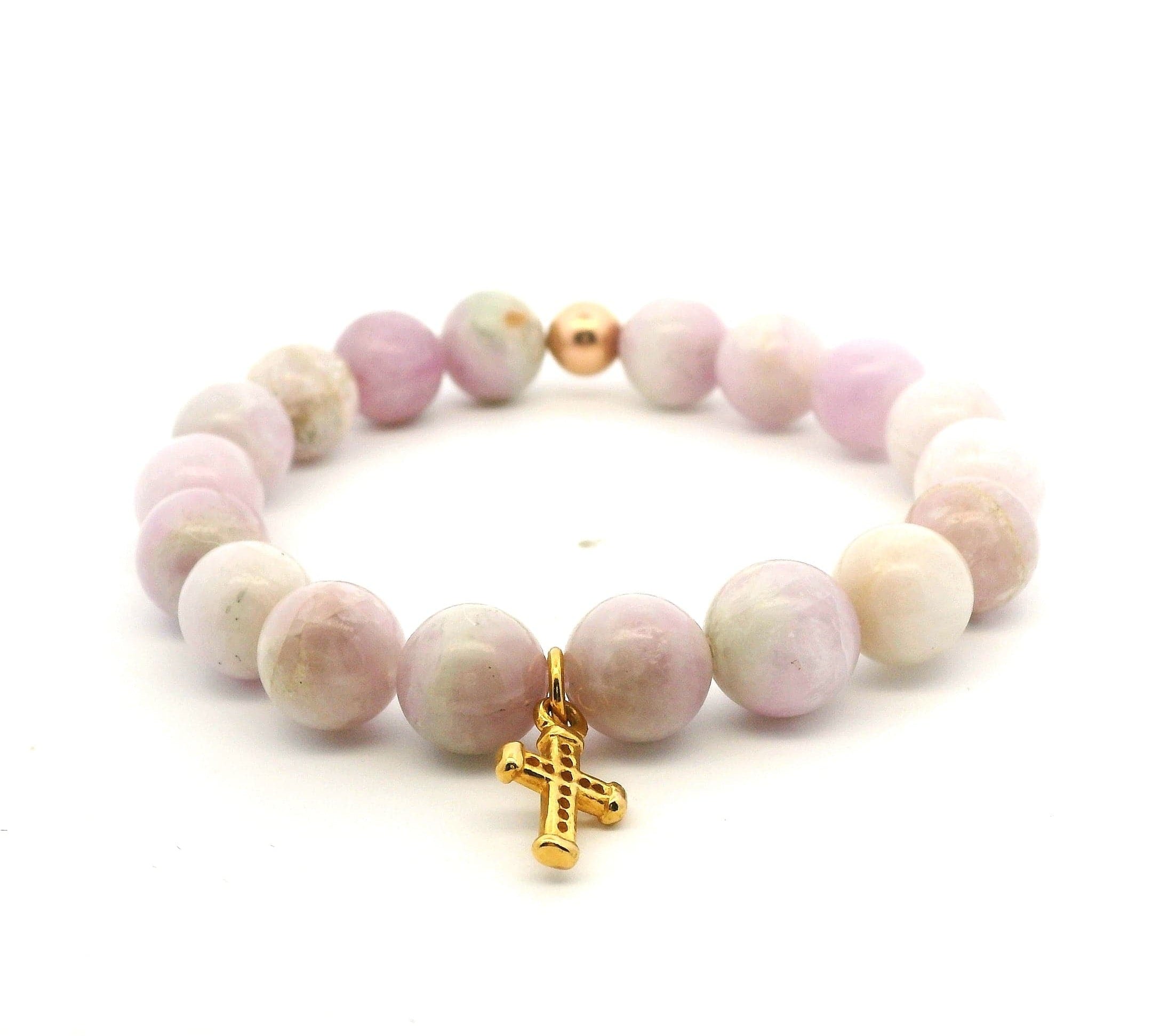 Bracelets 7" 14K Gold Pink Lavender Beads Signature Diamond Cross Charm