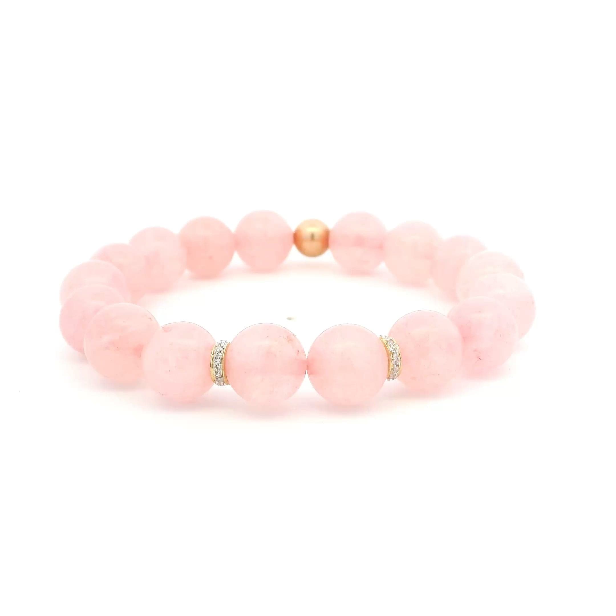 Bracelets 7" 14K Gold Rose Quartz Beads And Clover Diamond And 2 Full Diamond Roundels