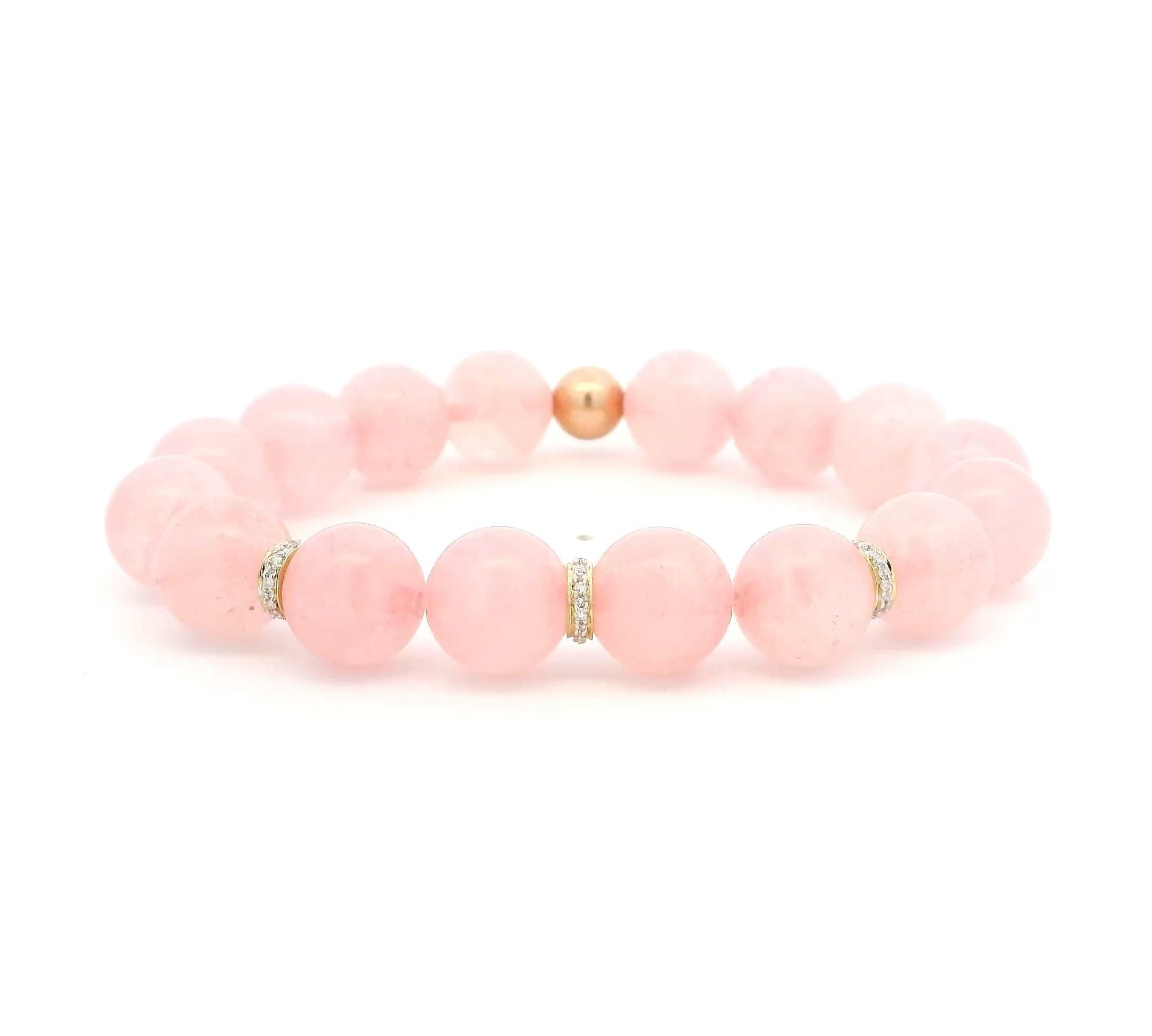 Bracelets 7" 14K Gold Rose Quartz Beads And Clover Diamond And 3 Full Diamond Roundels