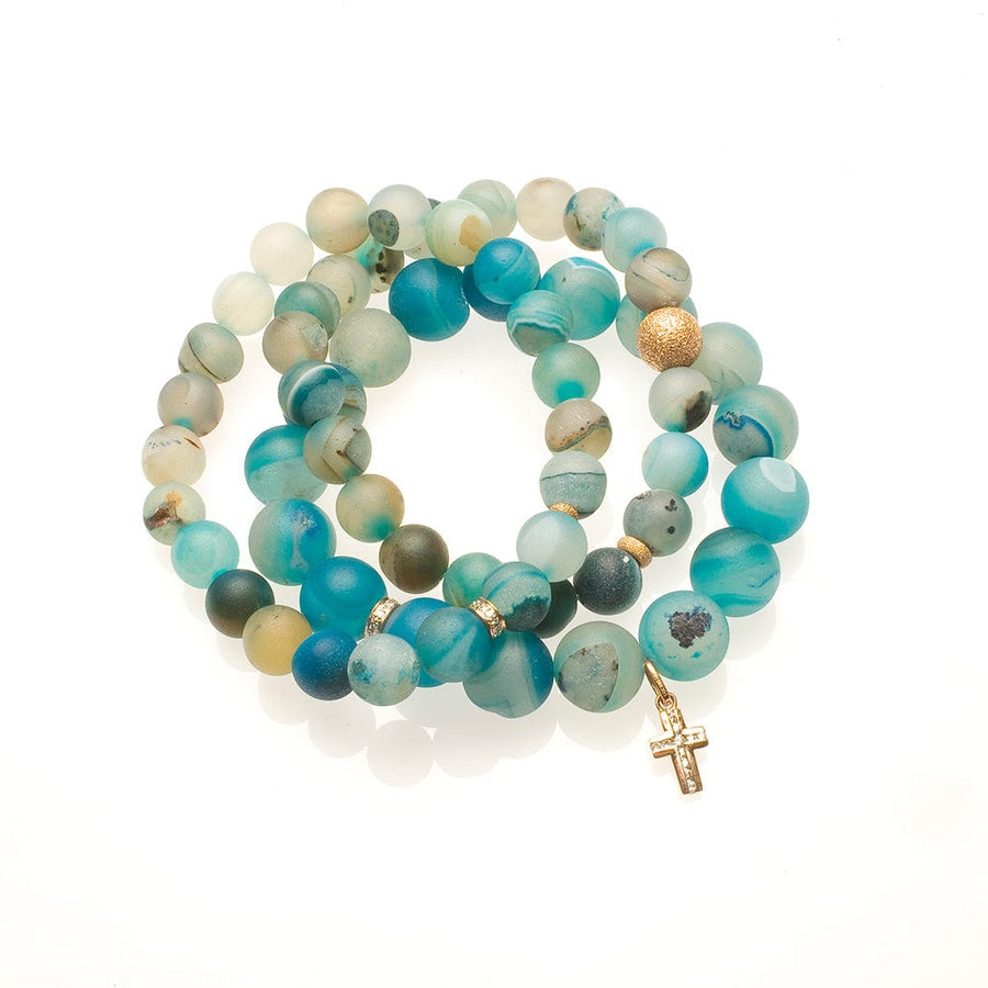 Bracelets 7" Blue Multicolor Beaded Bracelet with Diamonds, 14K Gold and Channel Cross Charm