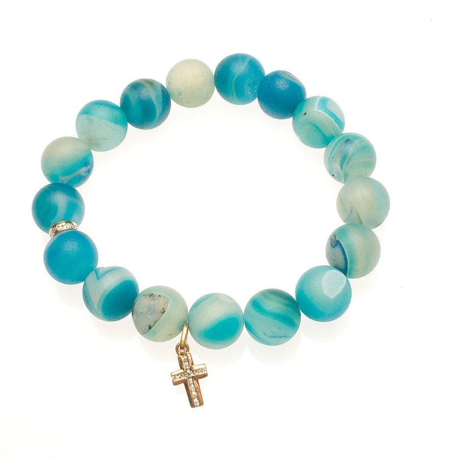 Bracelets 7" Blue Multicolor Beaded Bracelet with Diamonds, 14K Gold and Channel Cross Charm