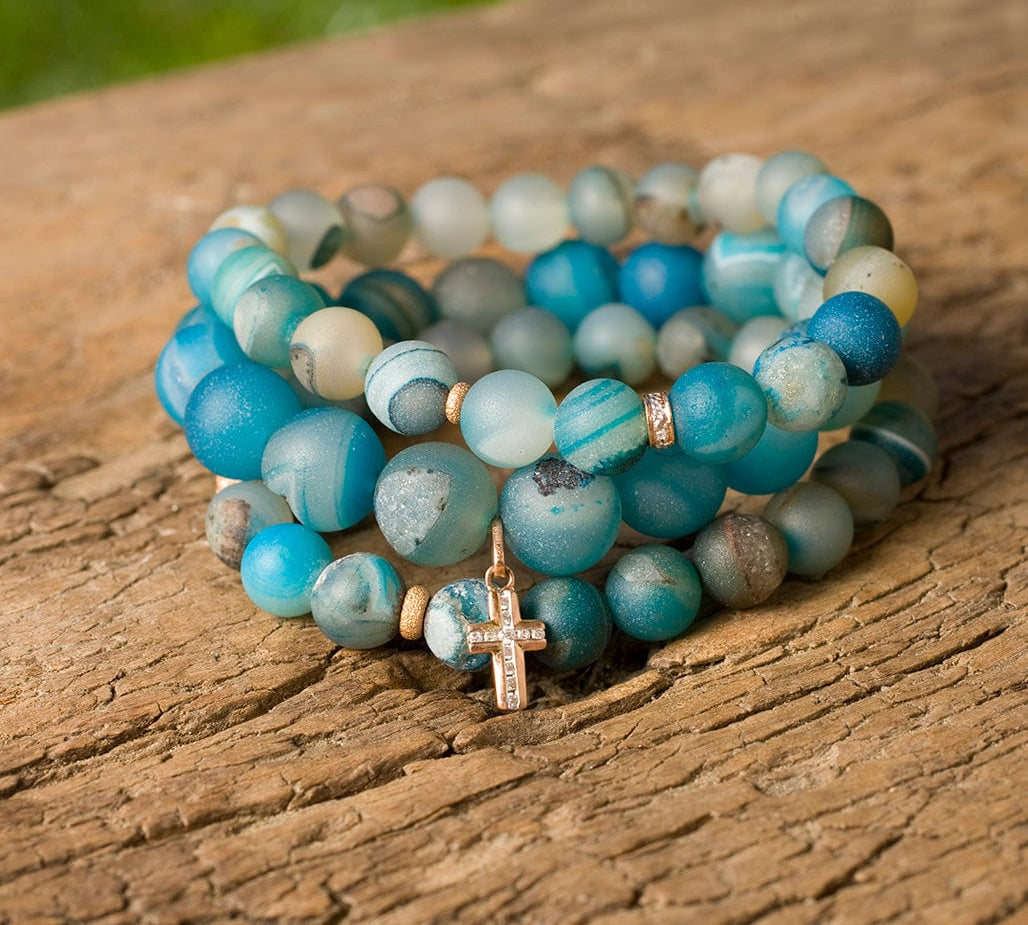 Bracelets 7" Blue Multicolor Beaded Bracelet with Diamonds, 14K Gold and Channel Cross Charm