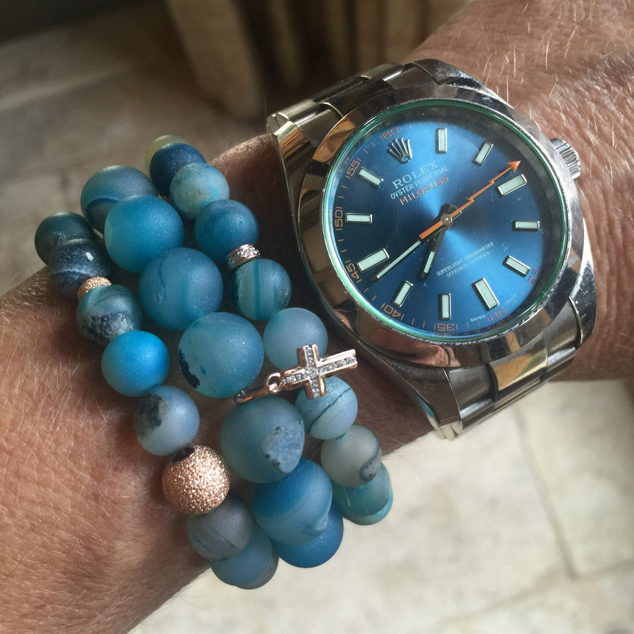 Bracelets 7" Blue Multicolor Beaded Bracelet with Diamonds and 14K Gold