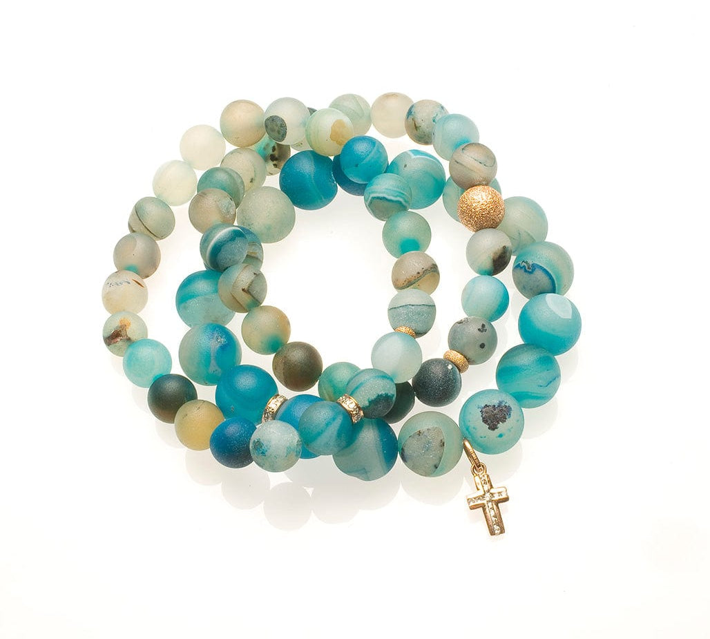 Bracelets 7" Blue Multicolor Beaded Bracelet with Diamonds and 14K Gold