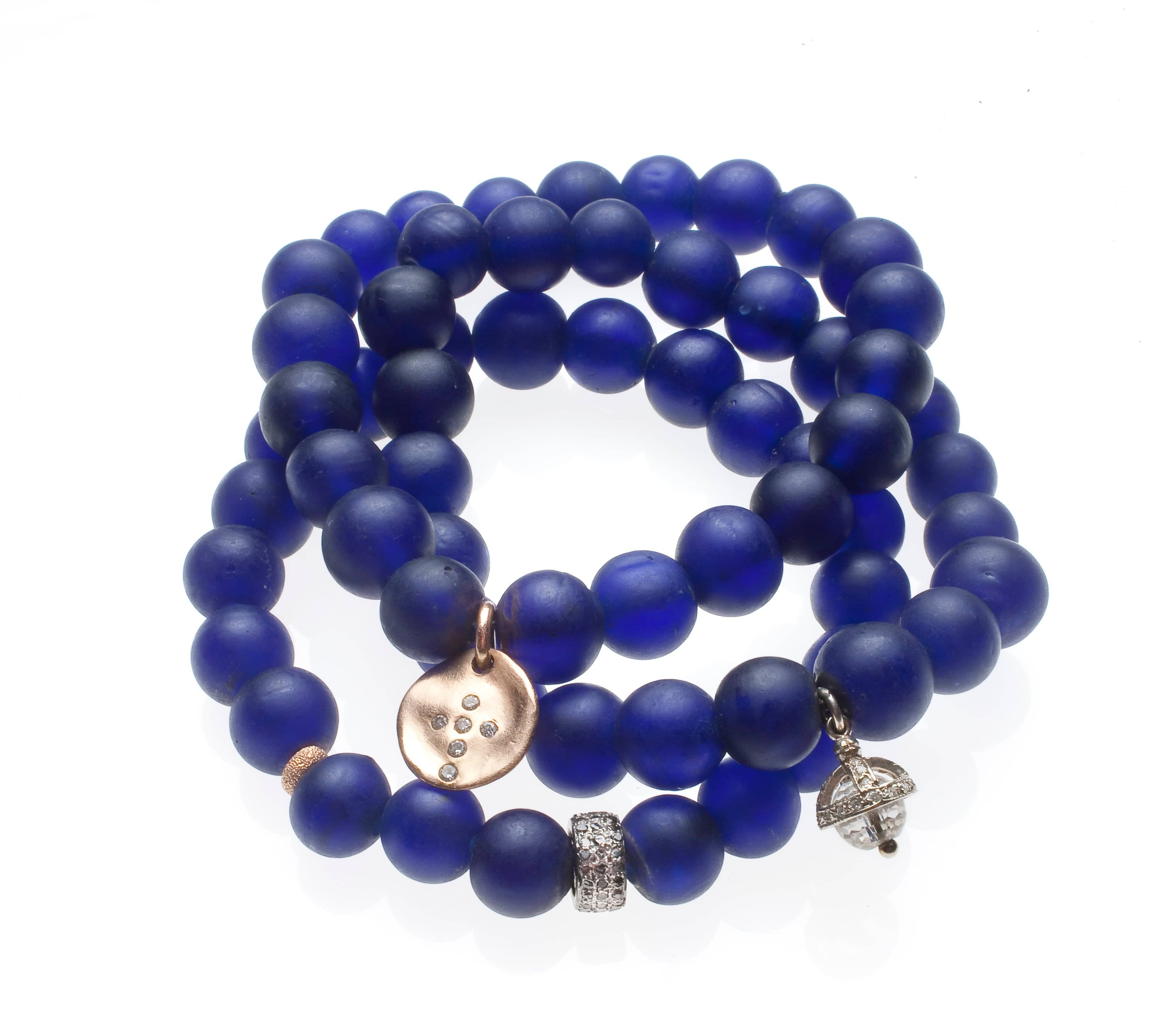 Bracelets 7" Deep Blue Beads with 14K Gold, Diamonds and your Choice of Charm