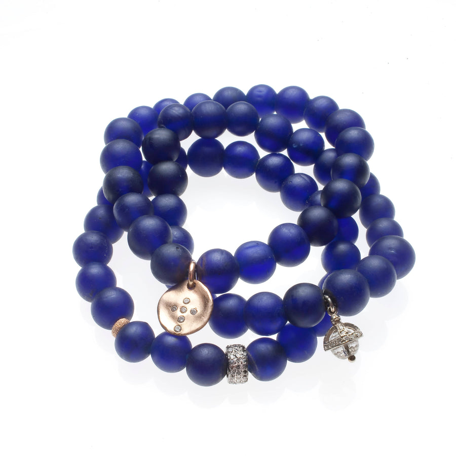 Bracelets 7" Deep Blue Beads with 14K Gold, Diamonds and your Choice of Charm