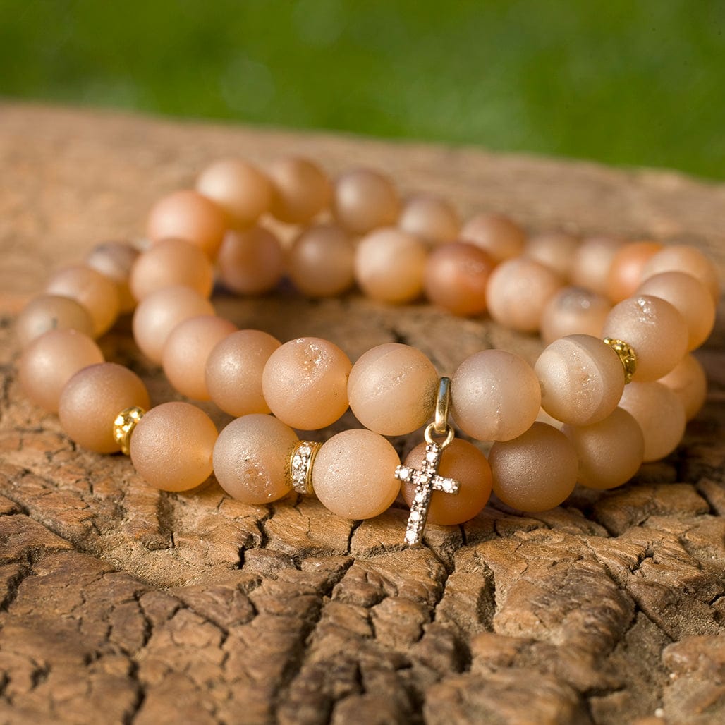 Bracelets 7" Gold Blonde Beads with 14K Gold, Diamonds and Our Diamond Cross