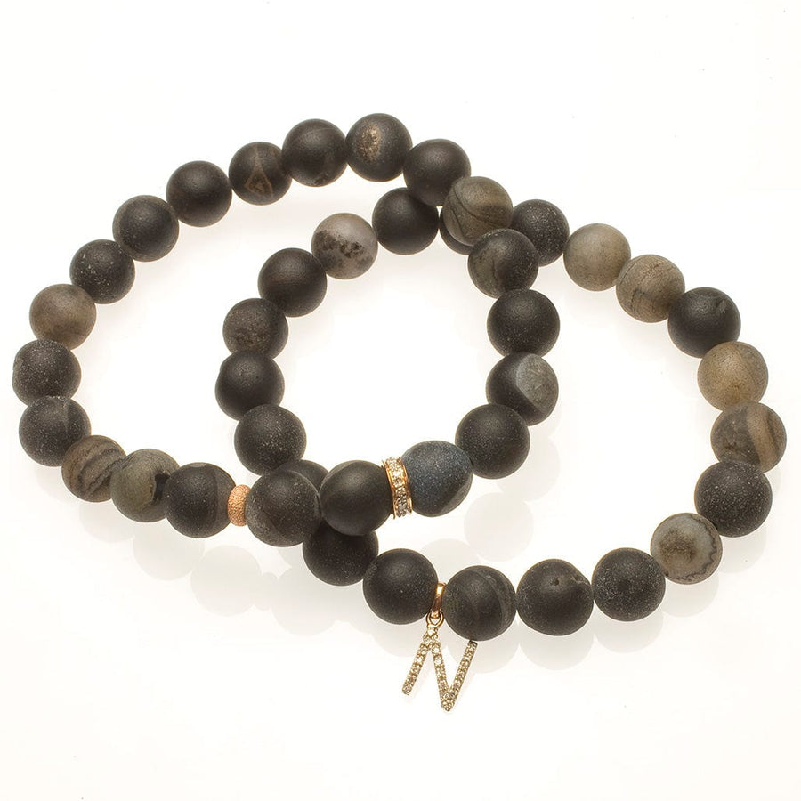 Bracelets 7" Iridescent Black Beads with 14K Gold, Diamonds and our Signature Dog Tag Charm