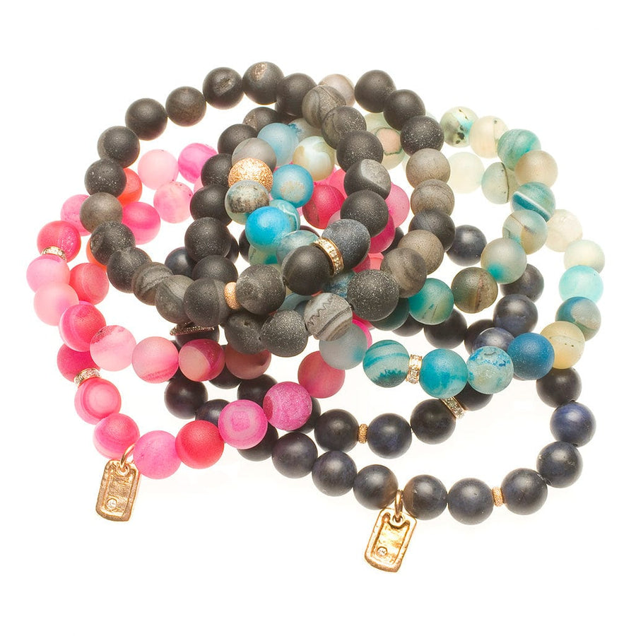 Bracelets 7" Iridescent Black Beads with 14K Gold, Diamonds and our Signature Dog Tag Charm