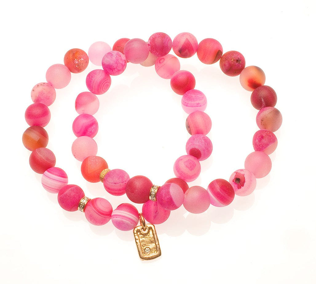 Bracelets 7" Iridescent Pink Beads with 14K Gold and Diamonds