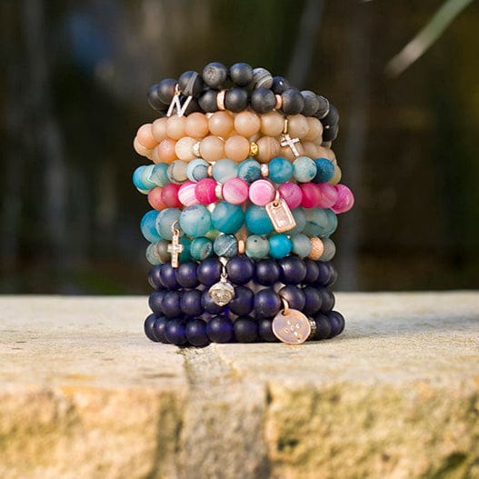 Bracelets 7" Iridescent Pink Beads with 14K Gold, Diamonds and Our Signature Dog Tag Charm
