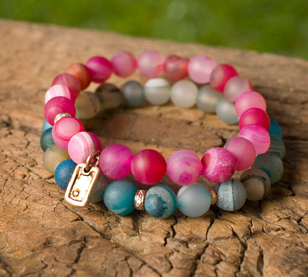 Bracelets 7" Iridescent Pink Beads with 14K Gold, Diamonds and Our Signature Dog Tag Charm