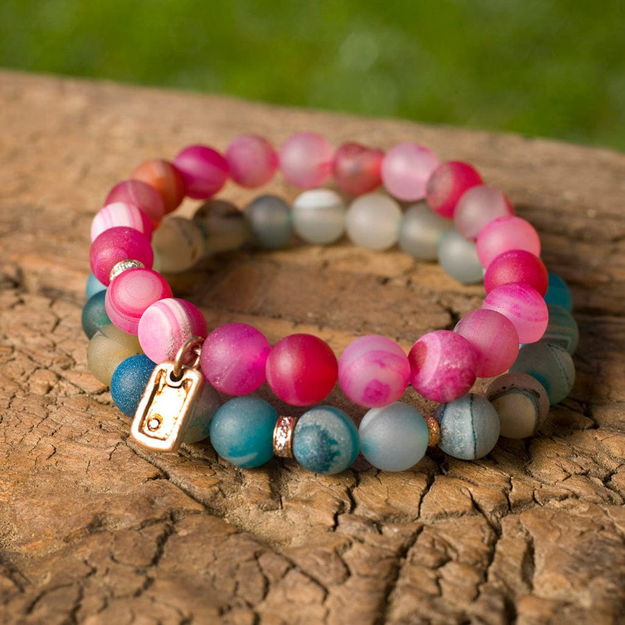 Bracelets 7" Iridescent Pink Beads with 14K Gold, Diamonds and Our Signature Dog Tag Charm