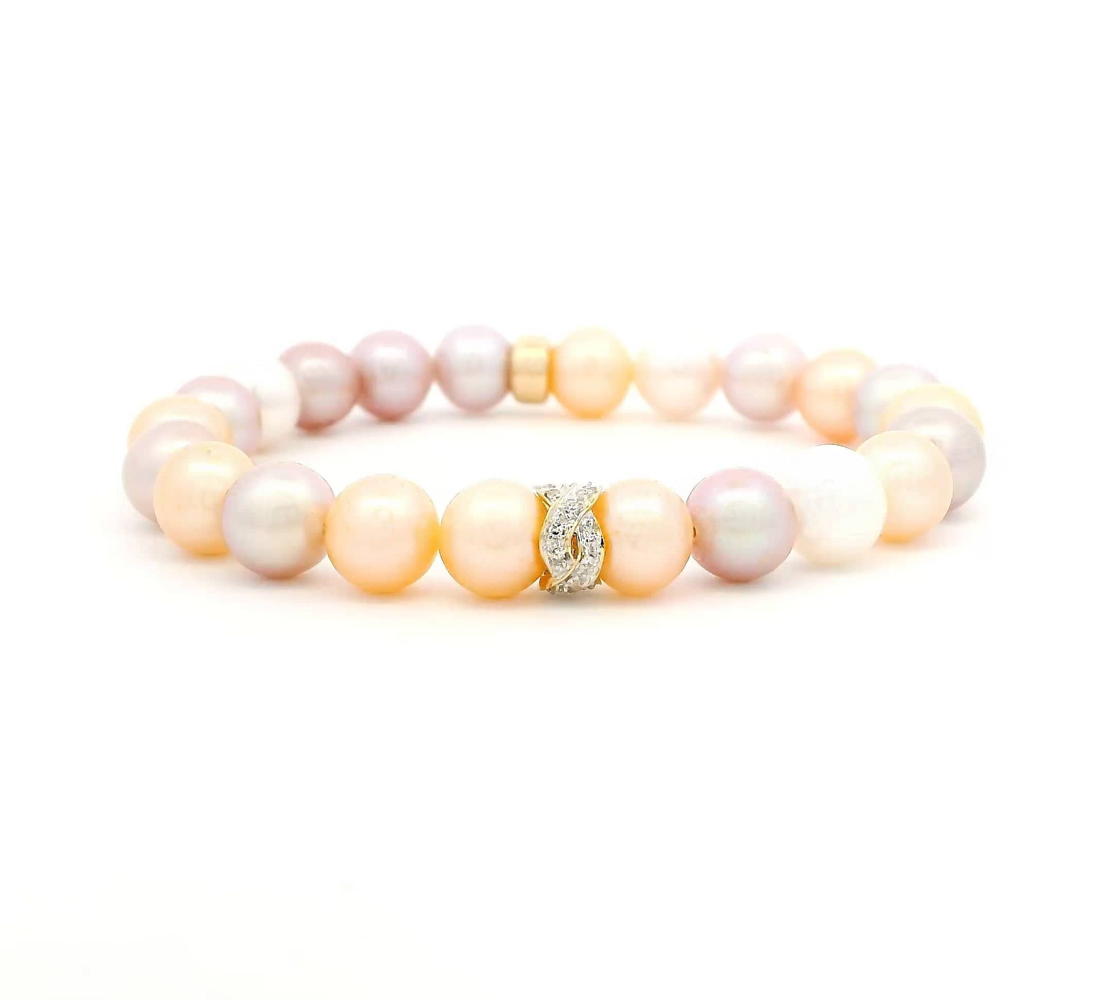 Bracelets 7" Natural Pink To White Pearl Beaded Bracelet, 14K Gold And Diamond Twist Roundel