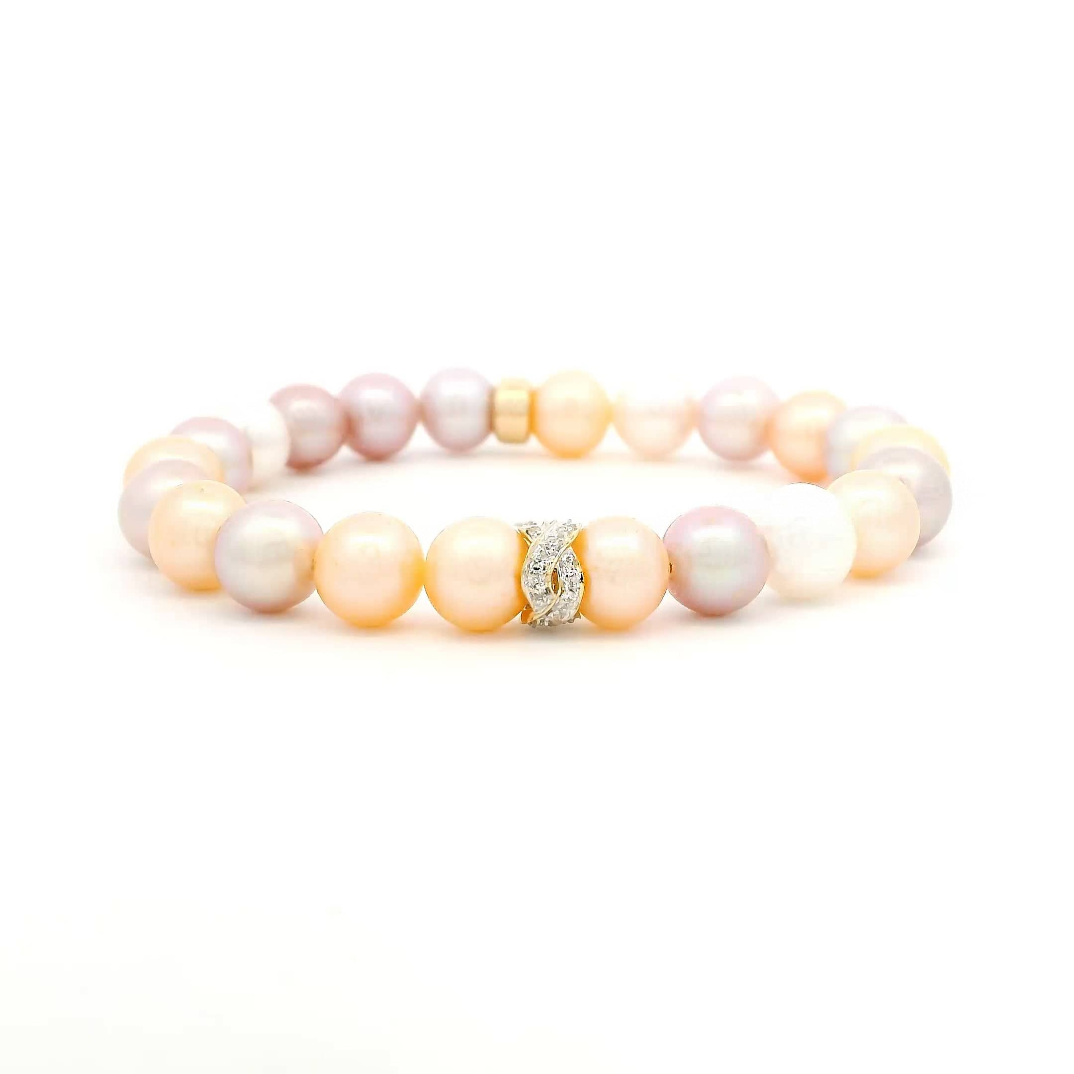 Bracelets 7" Natural Pink To White Pearl Beaded Bracelet, 14K Gold And Diamond Twist Roundel