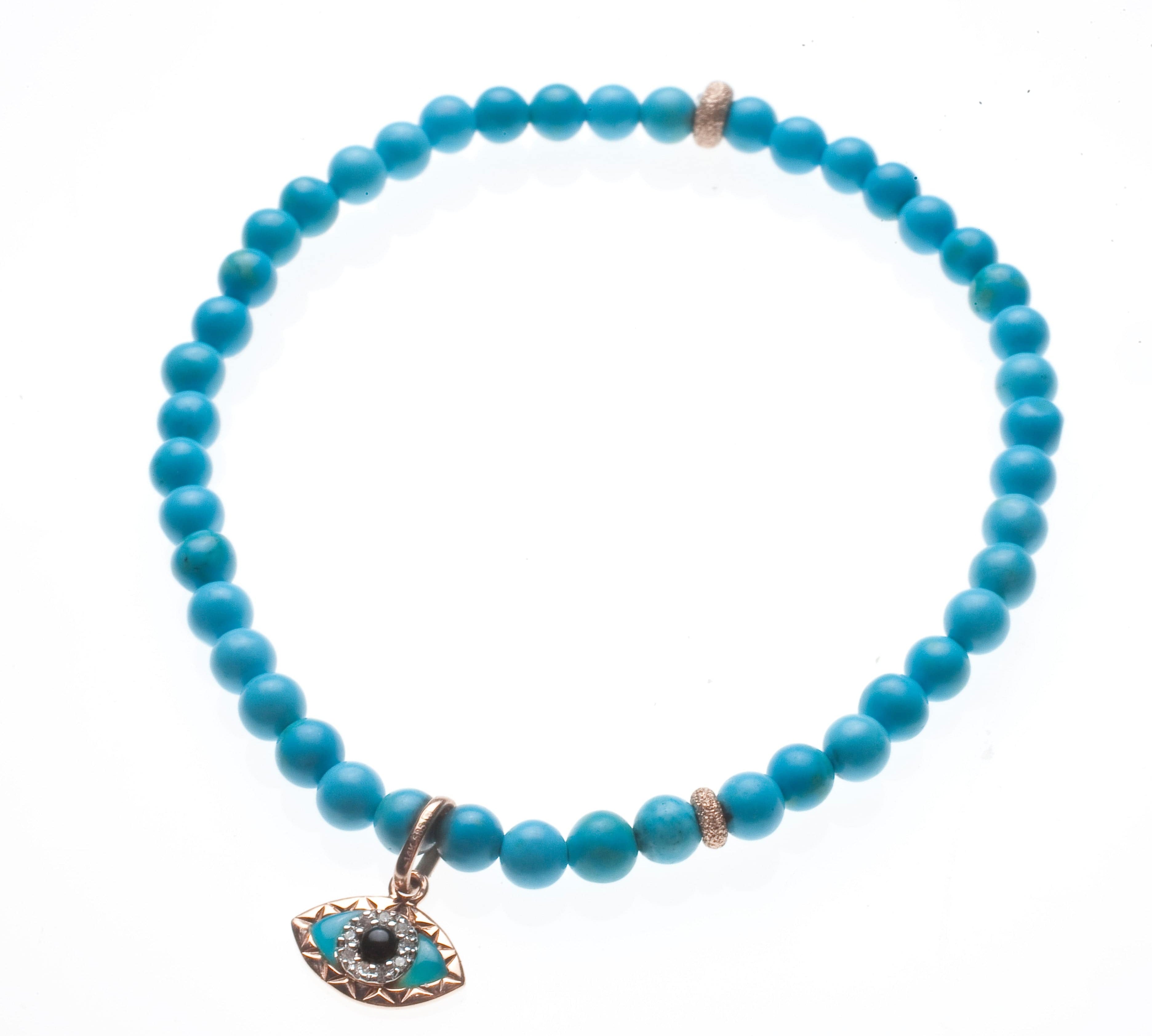 Bracelets 7" Turquoise Beads with 14K Gold and Diamond Evil Eye