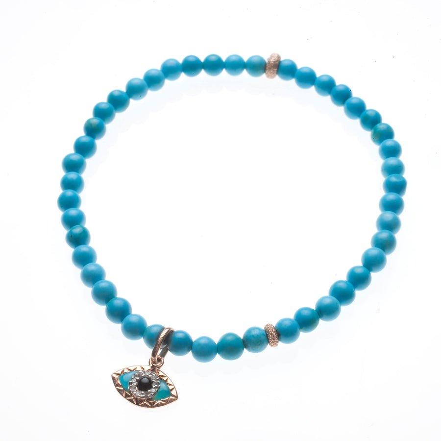 Bracelets 7" Turquoise Beads with 14K Gold and Diamond Evil Eye