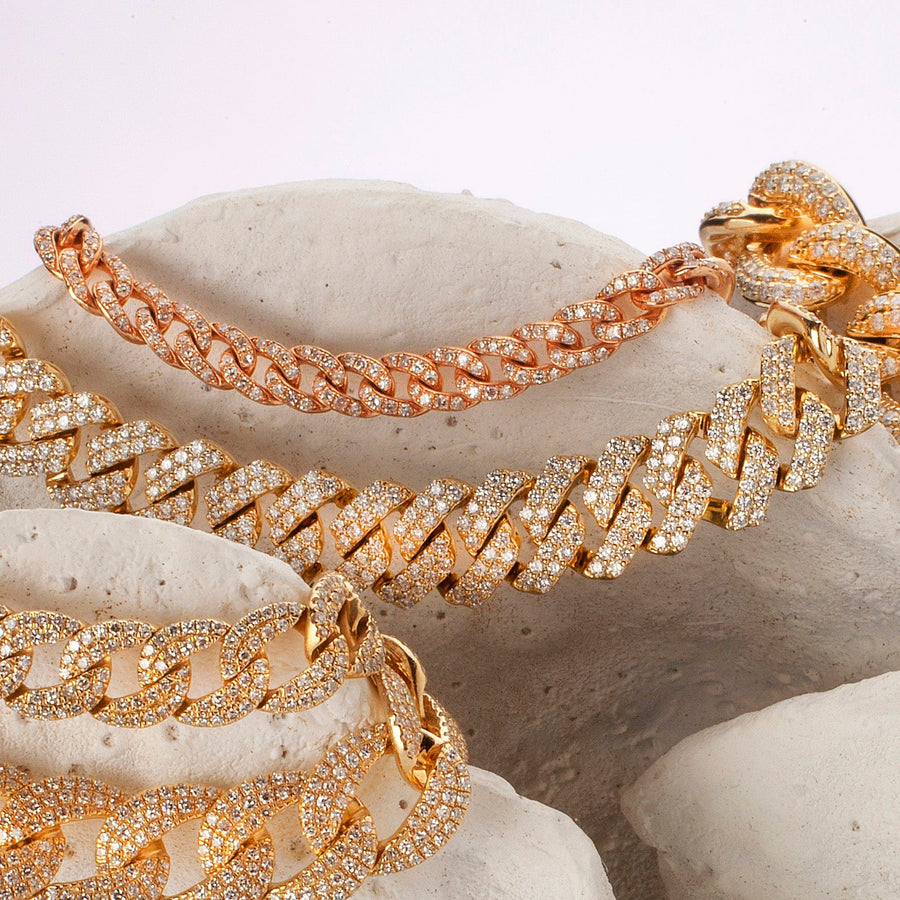 Bracelets Medium 14K Gold Jagged Cuban Link Micro-Pave Diamonds and Diamond Clasp