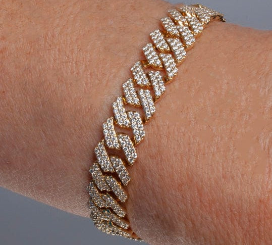 Bracelets Medium 14K Gold Jagged Cuban Link Micro-Pave Diamonds and Diamond Clasp