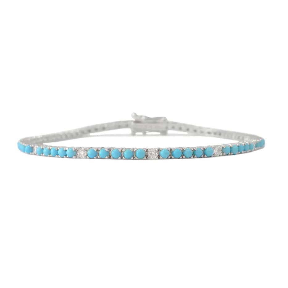 Bracelets Mini 14K Gold Turquoise and Diamond Tennis Bracelet 4-Prong Setting