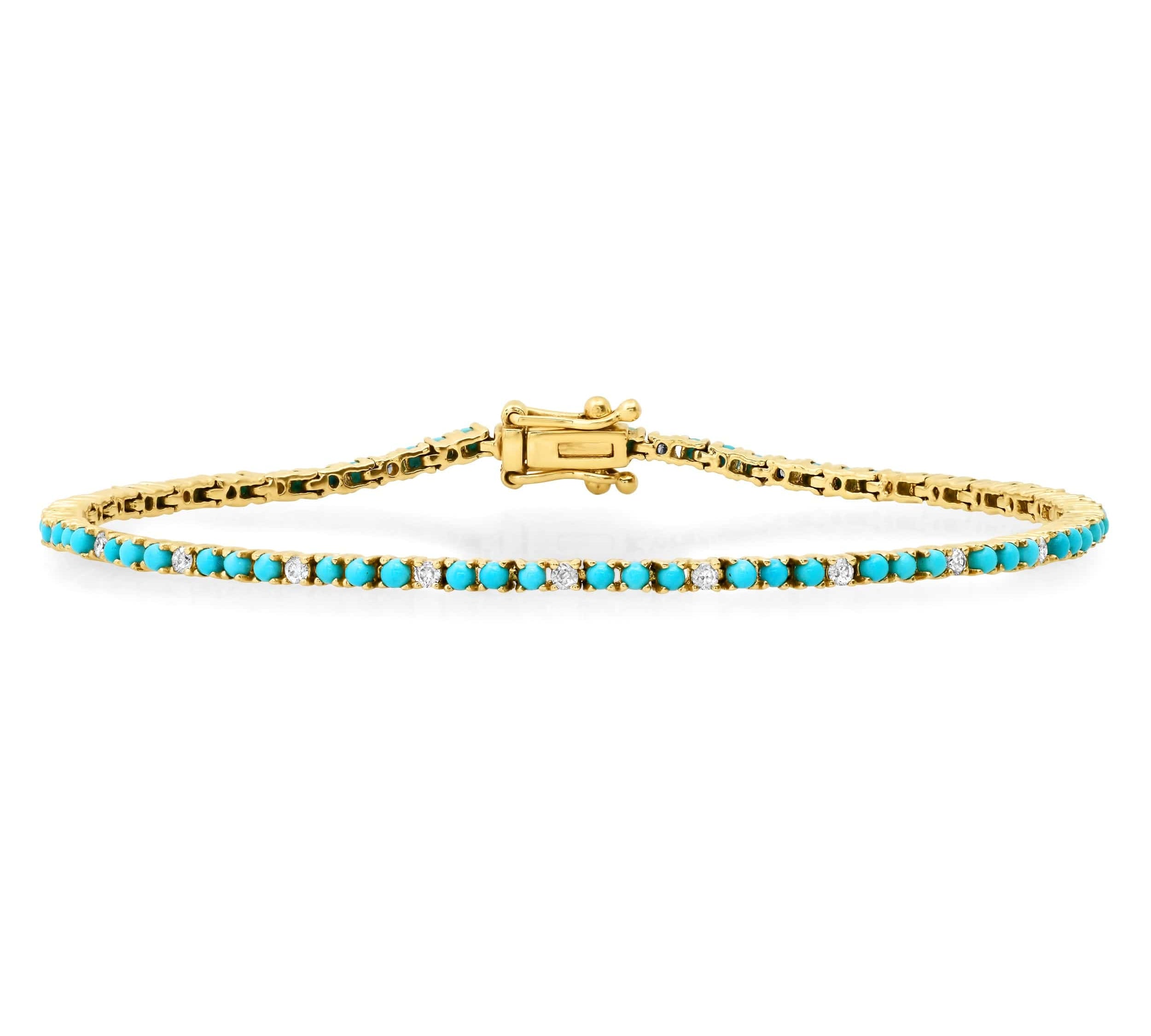 Bracelets Mini 14K Gold Turquoise and Diamond Tennis Bracelet 4-Prong Setting