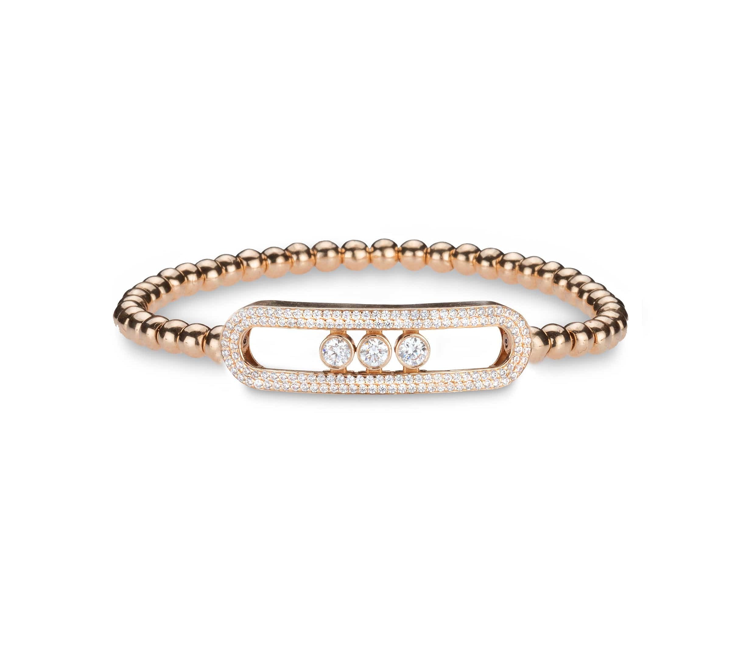 Bracelets small 6"-6.75" / Rose Gold / 14K 14K & 18K Gold Micro-Pave diamond & Three Diamond Ball Stretch Bracelet