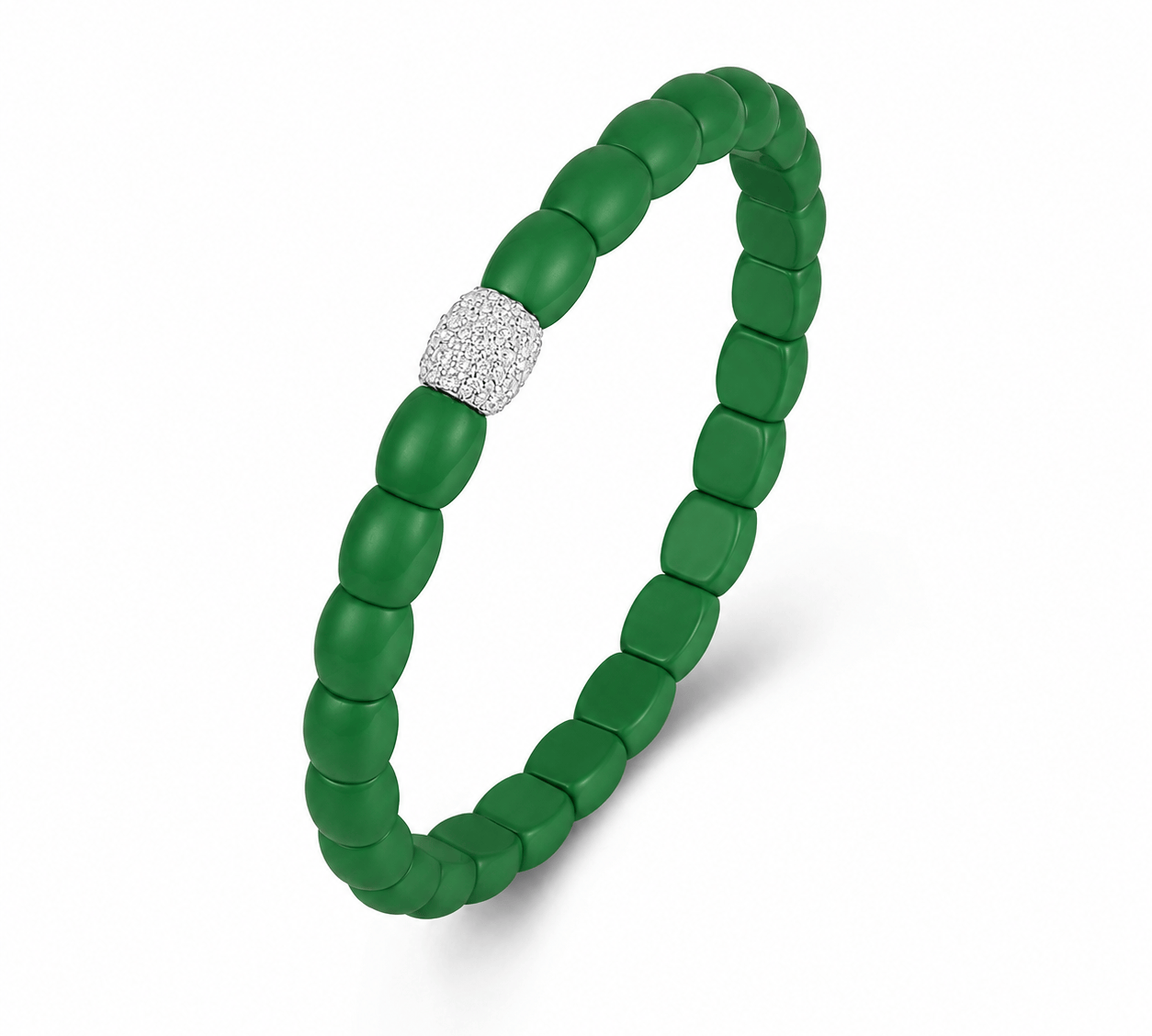 Bracelets XS:  45mm / Kelly Green / 1 Diamond Barrels 18K Gold Over Ceramic and Diamond Barrel Stretch Bracelet
