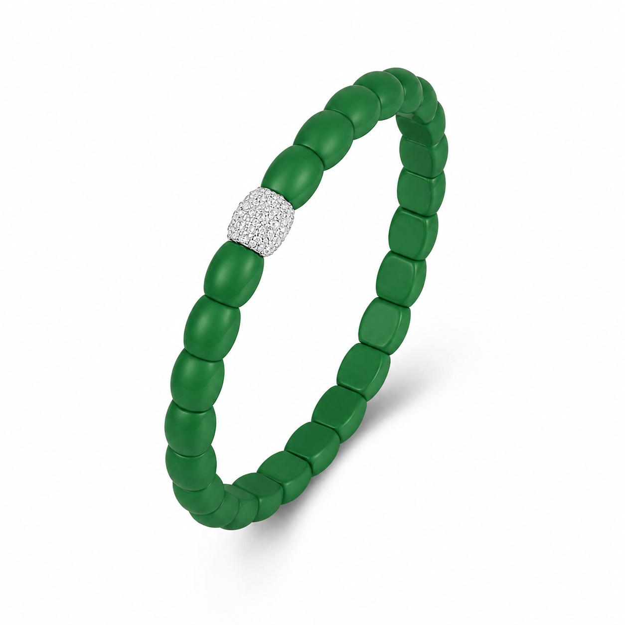 Bracelets XS:  45mm / Kelly Green / 1 Diamond Barrels 18K Gold Over Ceramic and Diamond Barrel Stretch Bracelet