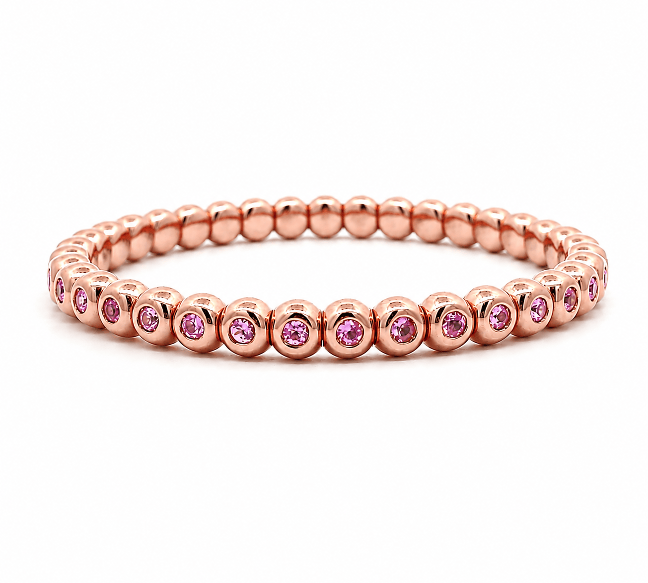 Bracelets XS:  45mm / Rose Gold 18K Gold And Pink Sapphire Bezel Set Stretch Tennis Bracelet
