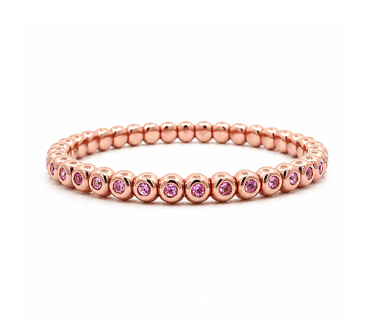 Bracelets XS:  45mm / Rose Gold 18K Gold Over Ceramic and Pink Sapphire Bezel Stretch Tennis Bracelet