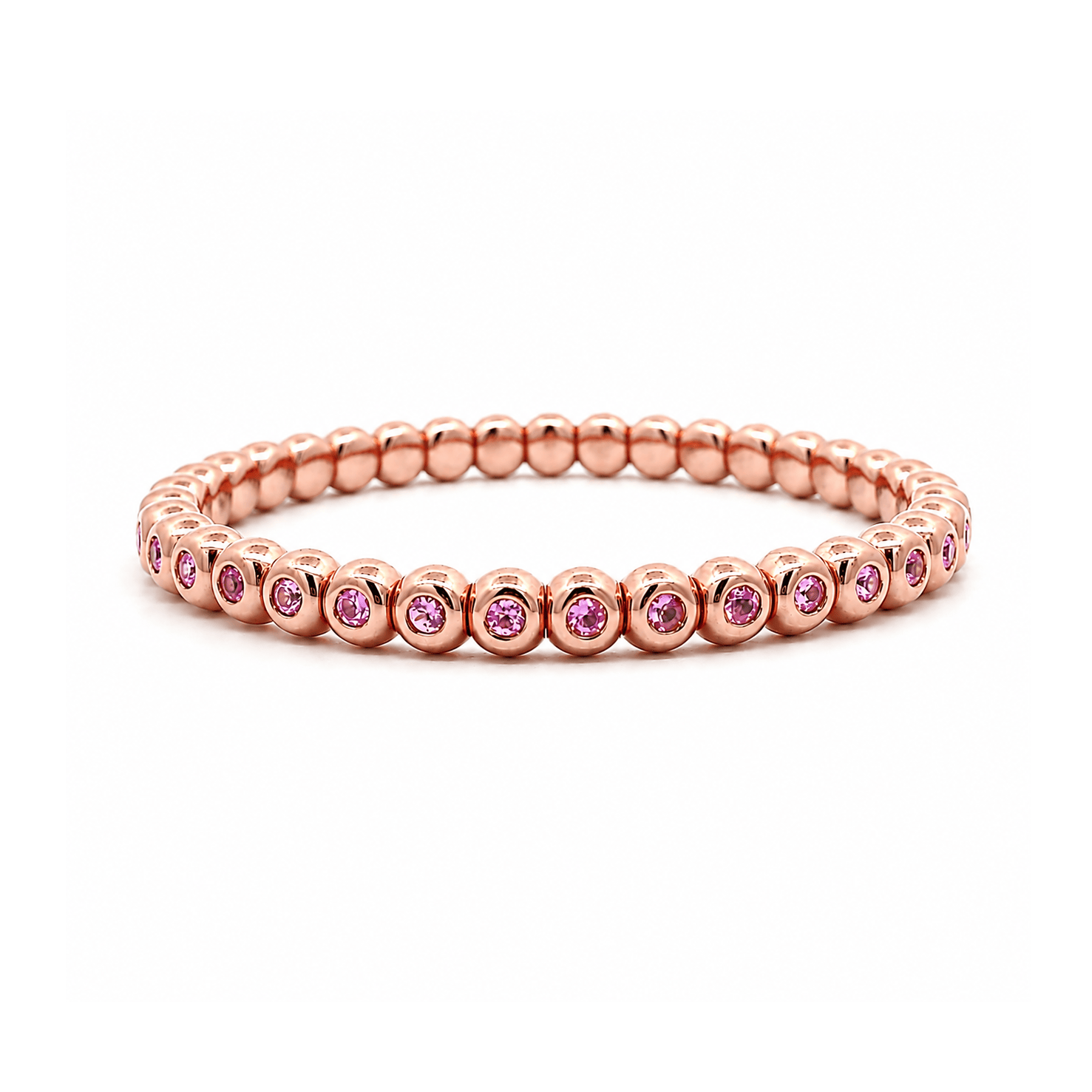 Bracelets XS:  45mm / Rose Gold 18K Gold Over Ceramic and Pink Sapphire Bezel Stretch Tennis Bracelet