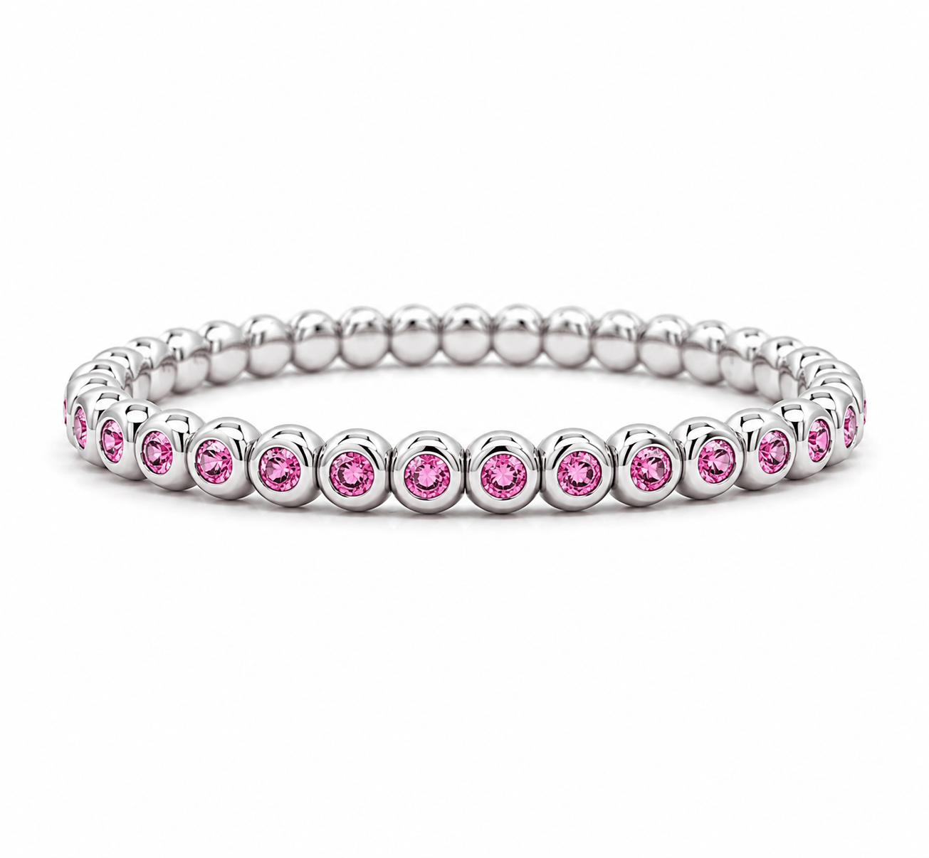 Bracelets XS:  45mm / White Gold 18K Gold And Pink Sapphire Bezel Set Stretch Tennis Bracelet
