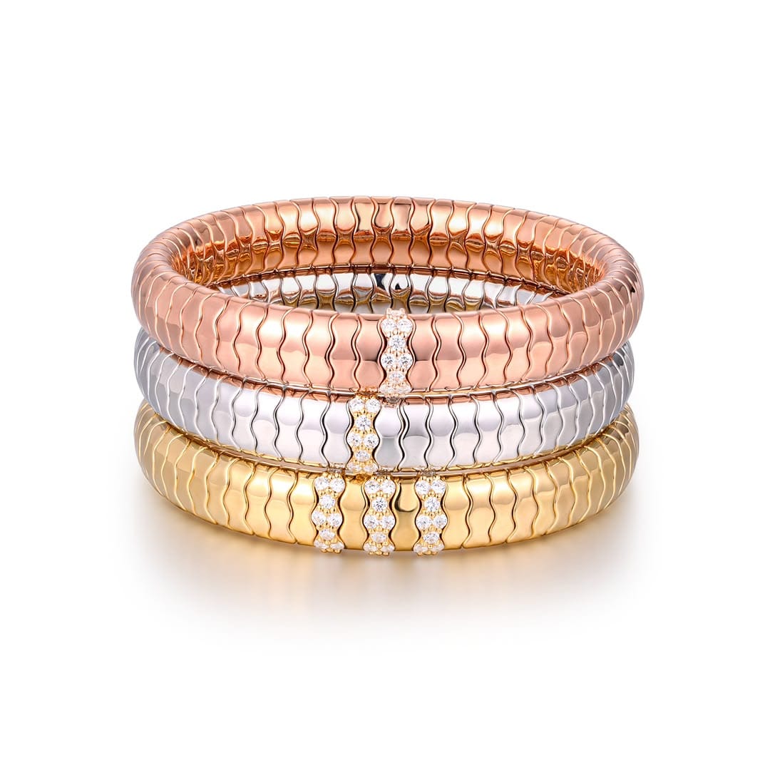 Bracelets XS:  45mm / Yellow Gold / 2 18K Gold Over Ceramic and Diamond Wave Stretch Bracelet