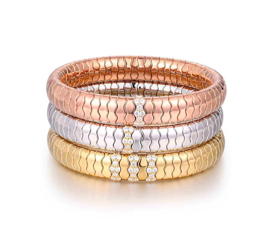 Bracelets XS:  45mm / Yellow Gold / 2 18K Gold Over Ceramic and Diamond Wave Stretch Bracelet