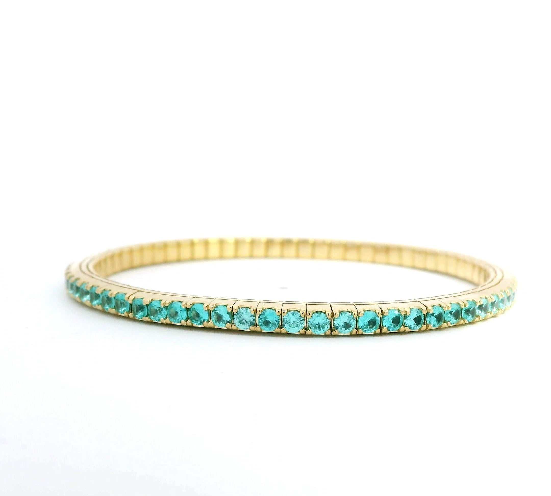 Bracelets XS:  45mm / Yellow Gold / 2.25-2.94 Carats Paraiba Tourmaline TW 18K Gold Stretch Paraiba Tourmaline Tennis Bracelet, 2.25-8.58 Carats