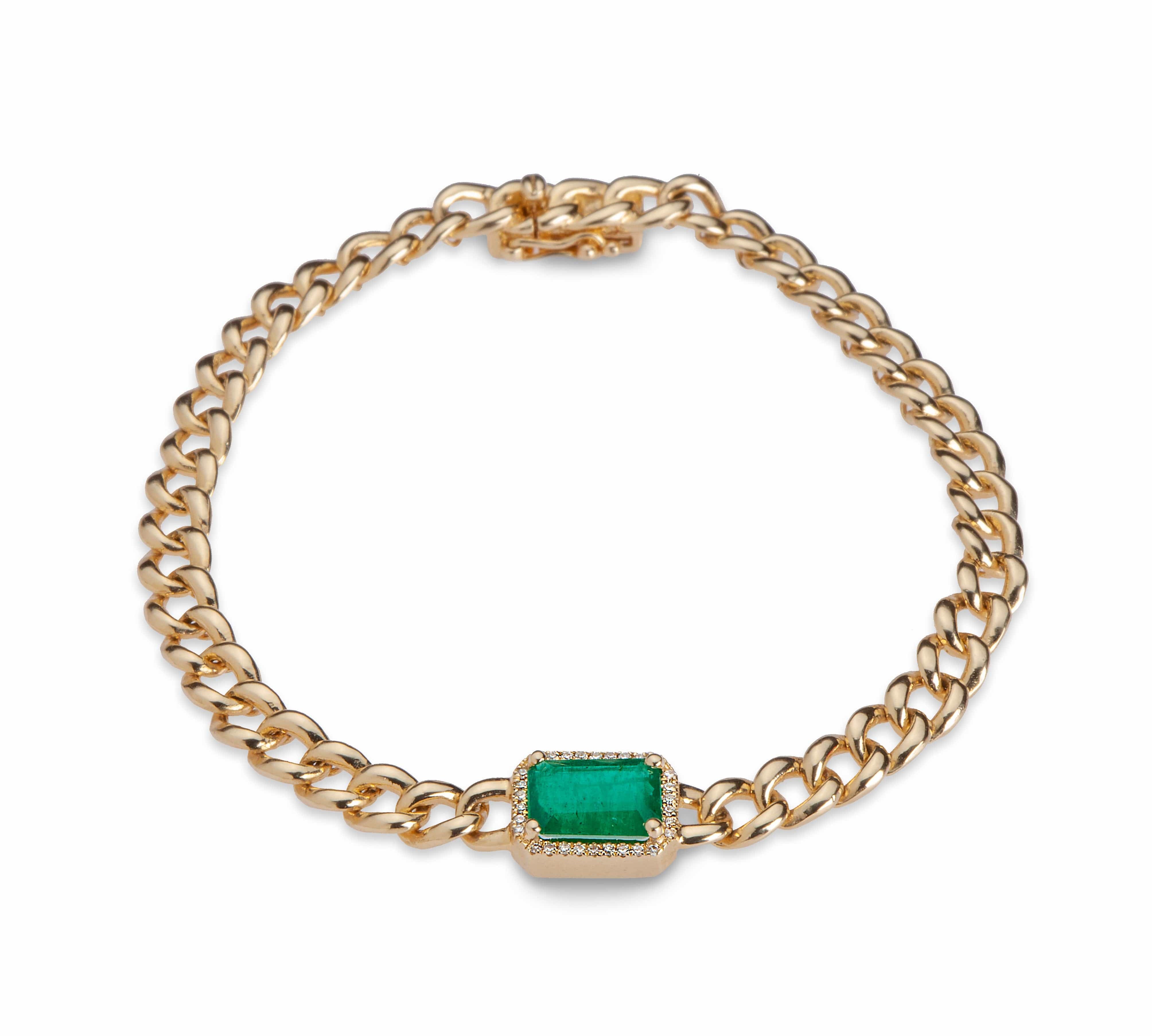 Bracelets Yellow Gold / 14K 14K Gold Emerald and Diamond Cuban Chain Bracelet