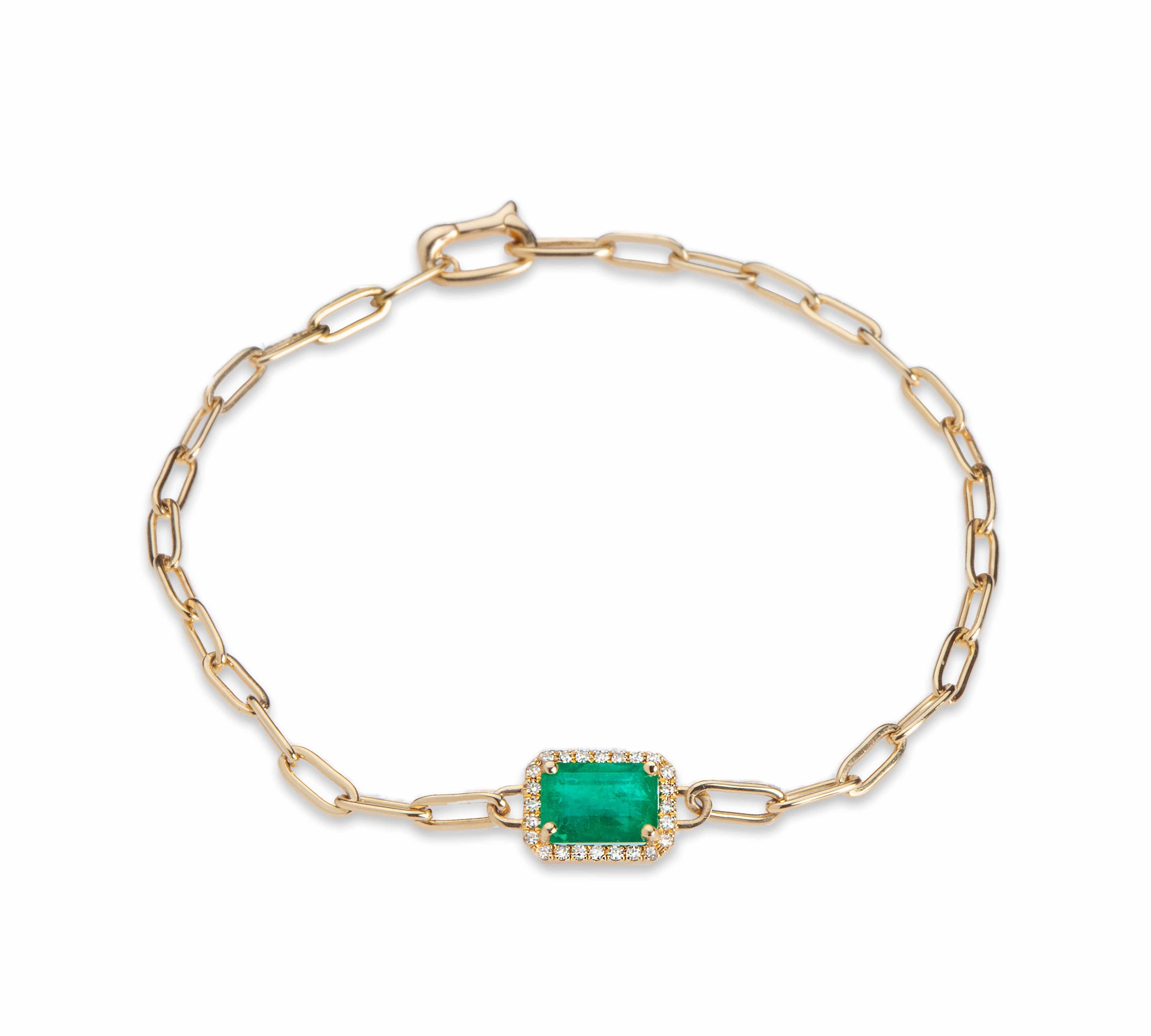 Bracelets Yellow Gold / 14K 14K Gold Emerald and Diamond Paper Clip Chain Bracelet