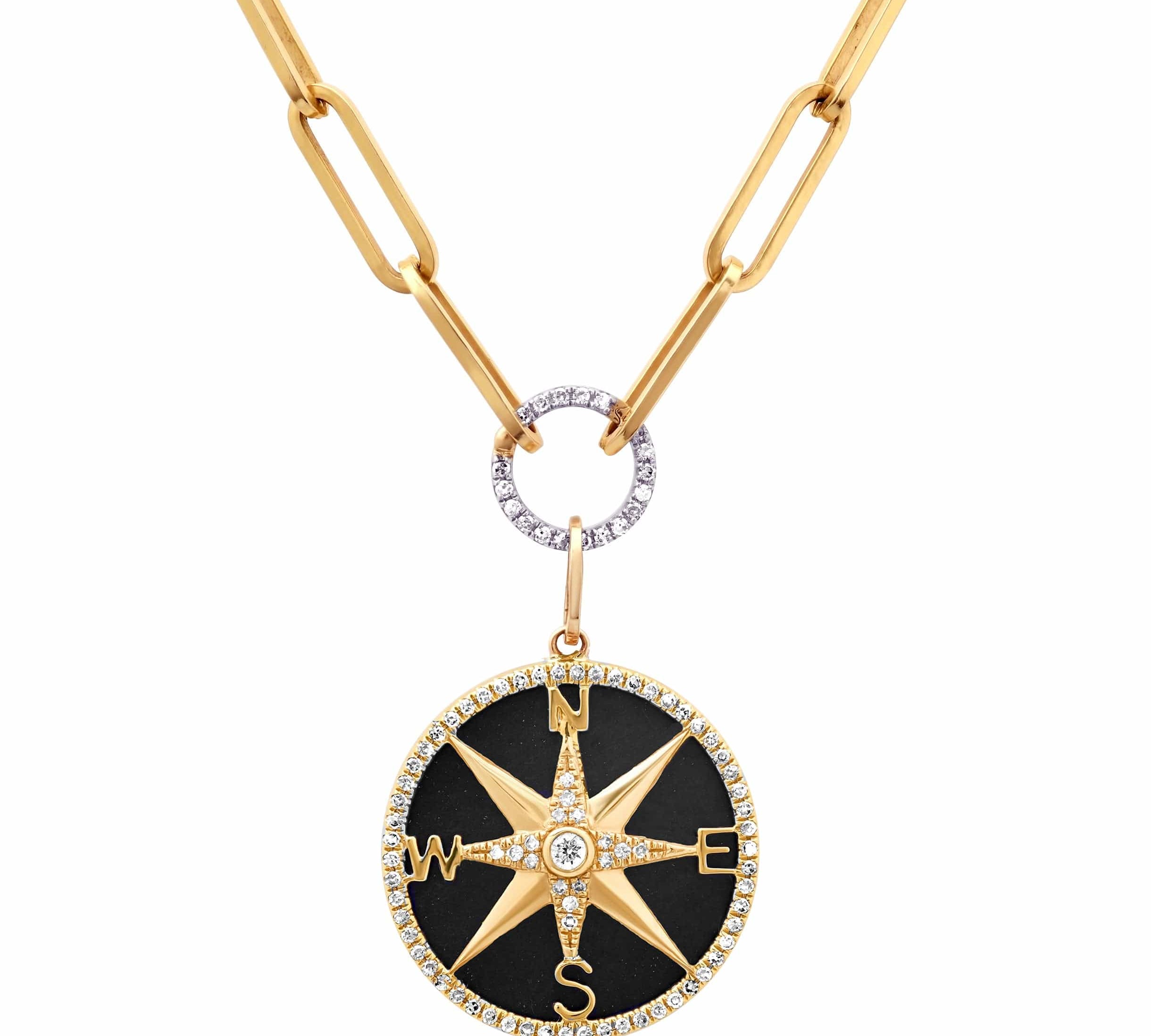 Charms & Pendants 14K Gold Black Onyx and Pave Diamond Compass Charm, Full Diamonds