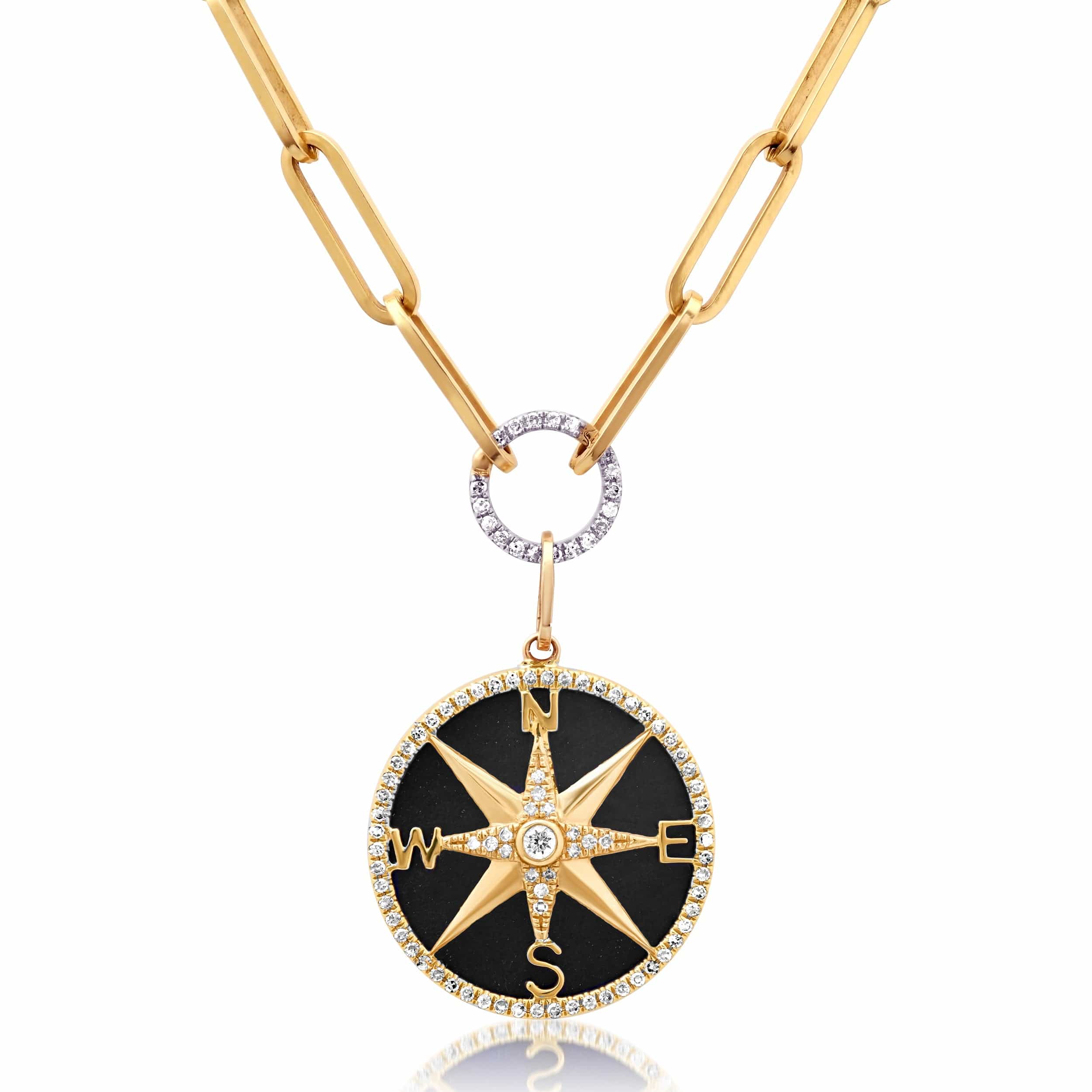 Charms & Pendants 14K Gold Black Onyx and Pave Diamond Compass Charm. Large