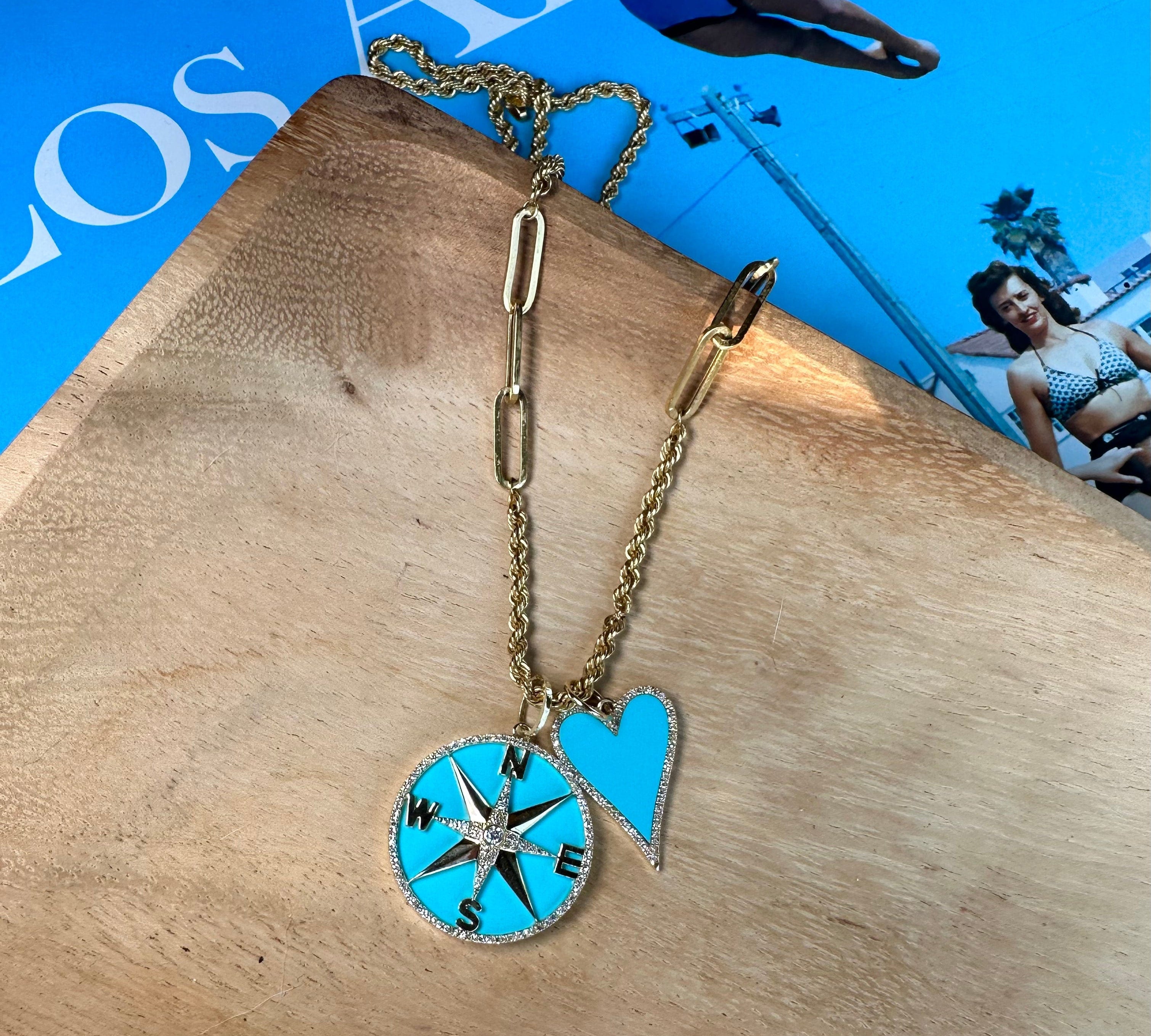 Charms & Pendants 14K Gold Large Turquoise and Diamond Elongated Heart Charm